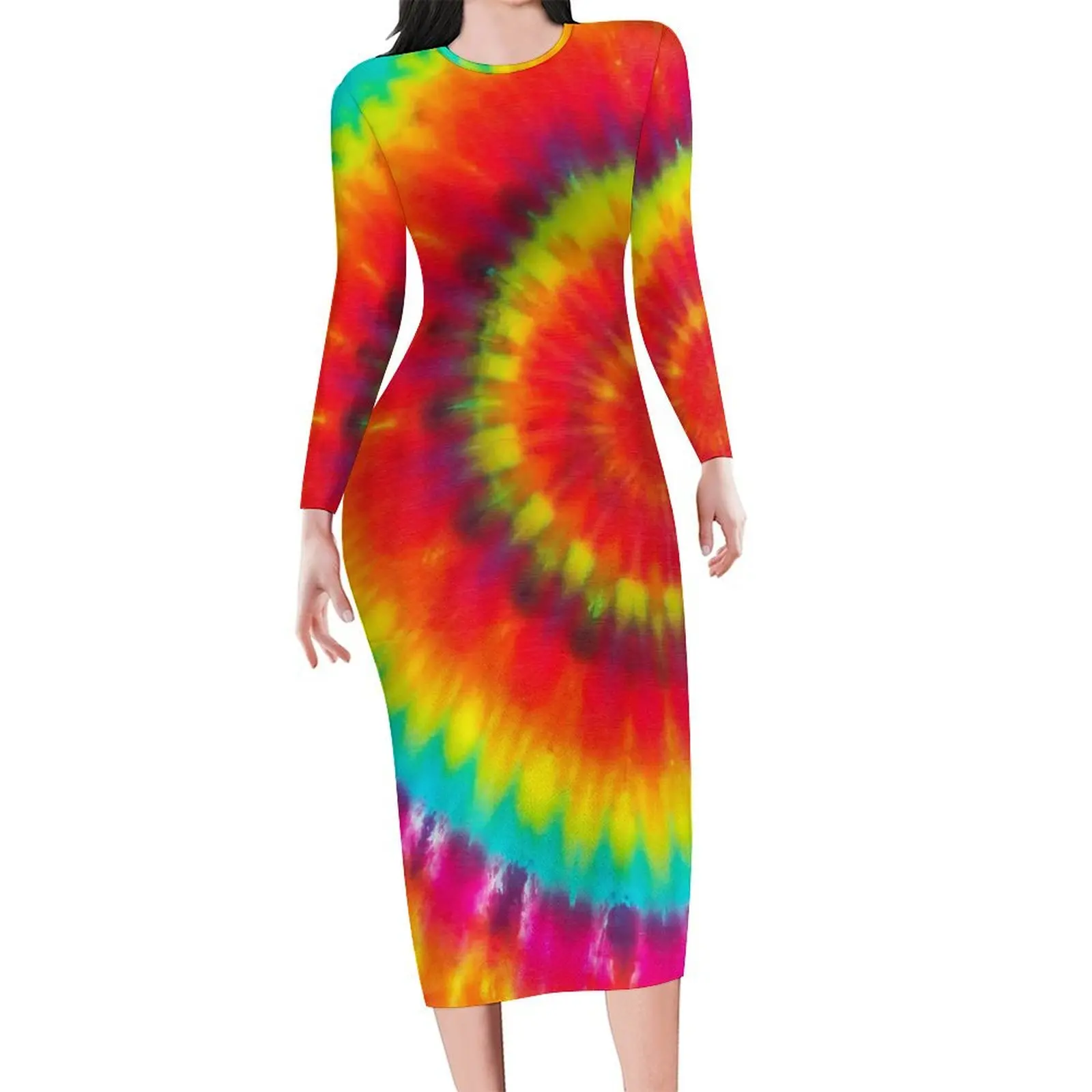 Regenboog Print Jurk Dames Kleurrijke Tie Dye Esthetische Bodycon Jurk Herfst Lange Mouw Elegante Jurken Grafisch Oversized Kleding