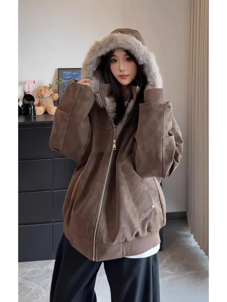 

Cé Brown ort Thiened Fur Collar Men's Jaet Winter Warm American Retro Barn Sle Leather Cotton Coat Youth Casual