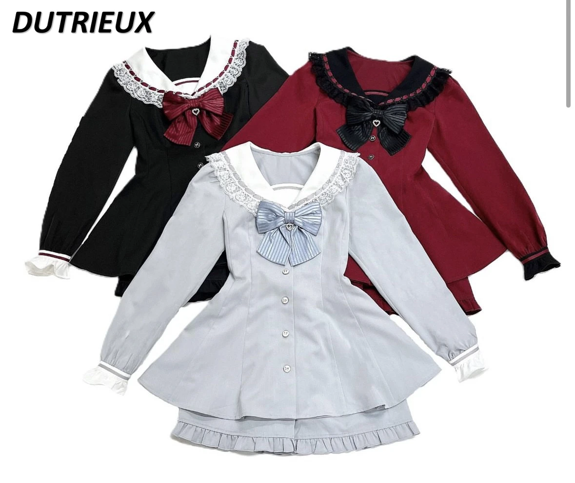 

Spring Autumn New Navy Collar Sailor Suit Single-breasted Slim-fit Long Sleeve Top and Shorts Sweet Cute Girls Two-piece Set