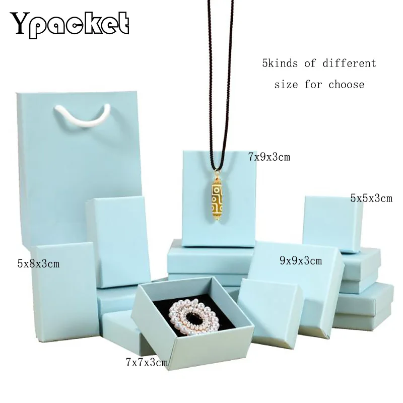 Light Blue Fashion Jewelry Pendant Necklace Earring Ring Bracelet Storage Box 5Size Wedding Gift Party Carrying Cases 50Pcs/Lot