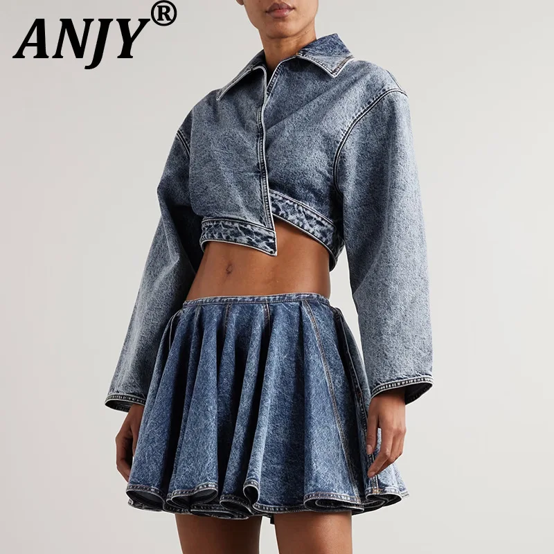 

ANJY Autumn New Women High Street Ins Fashion Casual Long Sleeved Asymmetry Denim Jacket Pleated Short Skirt Two-piece Set A7137