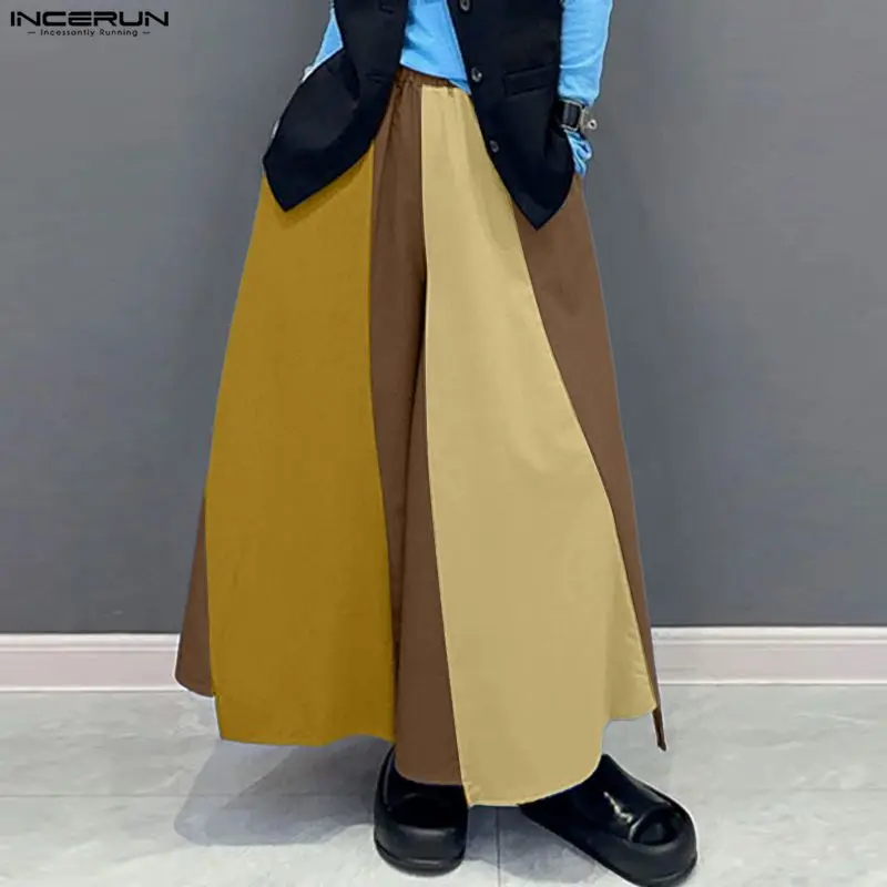 

INCERUN Men Pants Patchwork Color-block Elastic Waist Joggers Wide Leg Pants Men Oversize Fashion Casual Trousers Men Streetwear