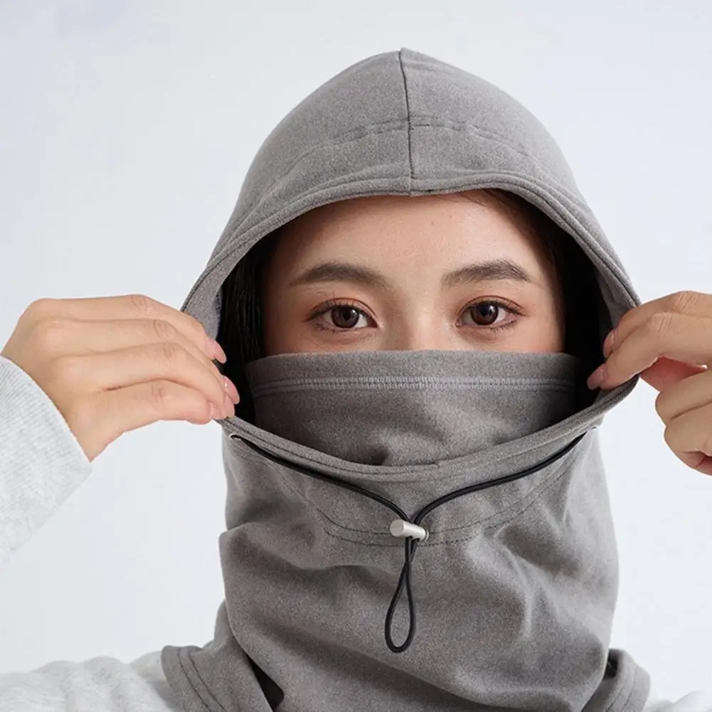 Riding Headgear Solid Color Adjustable Drawstring Windproof Winter Hat with Face Guard Elastic Fit Hat Cycling Accessory
