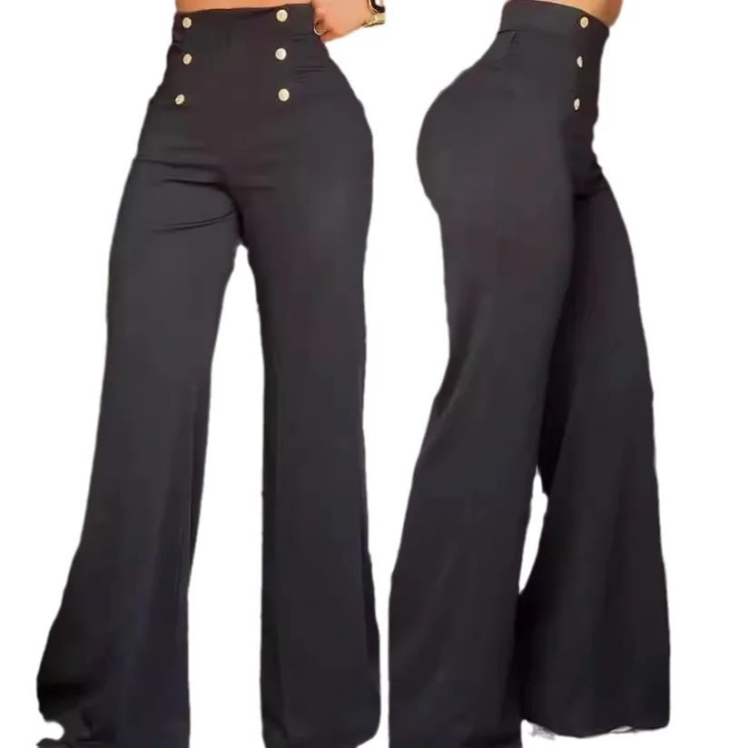 سراويل أنيقة عالية الخصر واسعة الساق لعام 2025 سراويل نسائية صيفية أوروبية وأمريكية بسيطة متوهجة #5