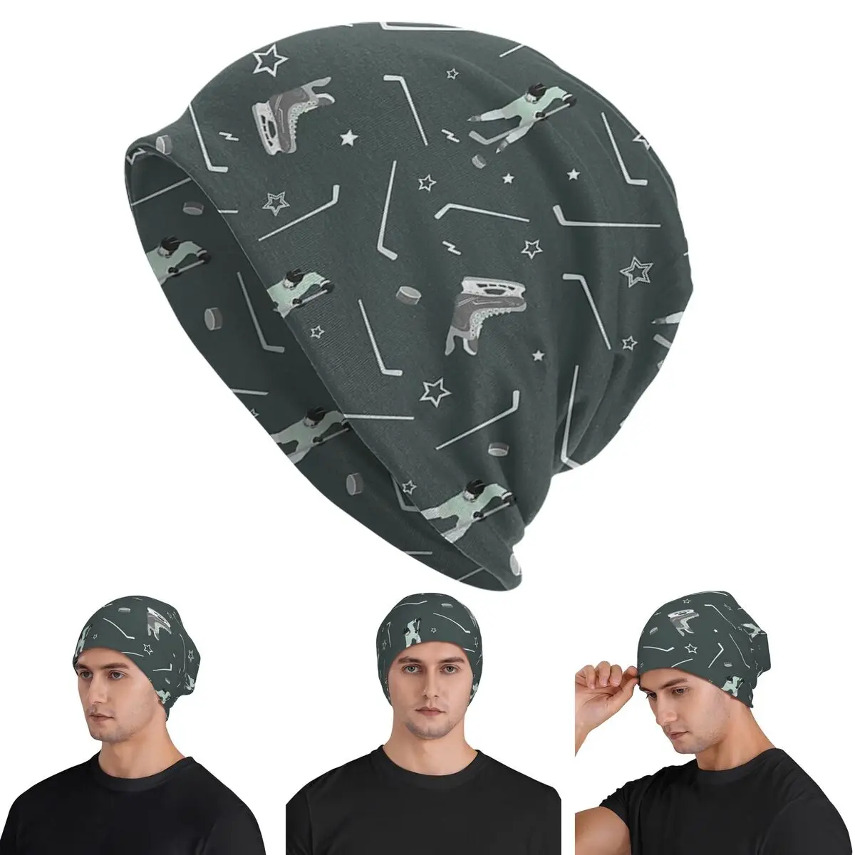 

Хоккейная клюшка, шайба и коньки Skullies, шапки-бини, теплая осенне-зимняя уличная шапка, вязаные шапки для взрослых унисекс
