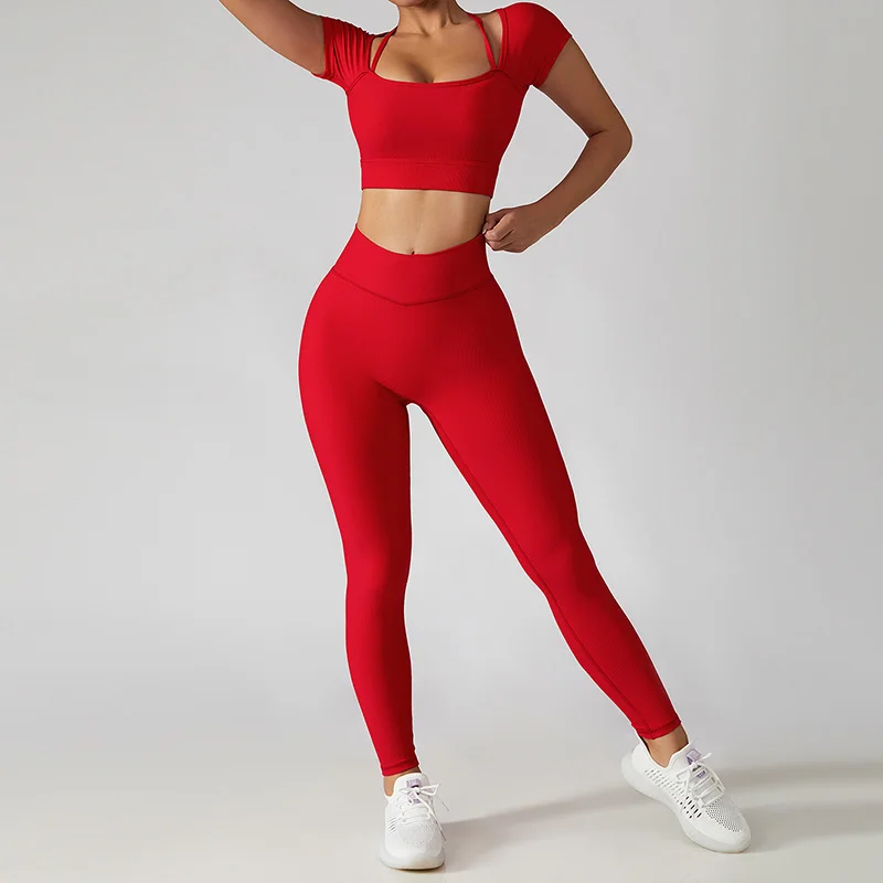 Gym Sets Womens Outfits 2Pcs Seamless Yoga Set Short Sleeve Crop Top High Waist Leggings Workout Clothes Fitness Sportswear