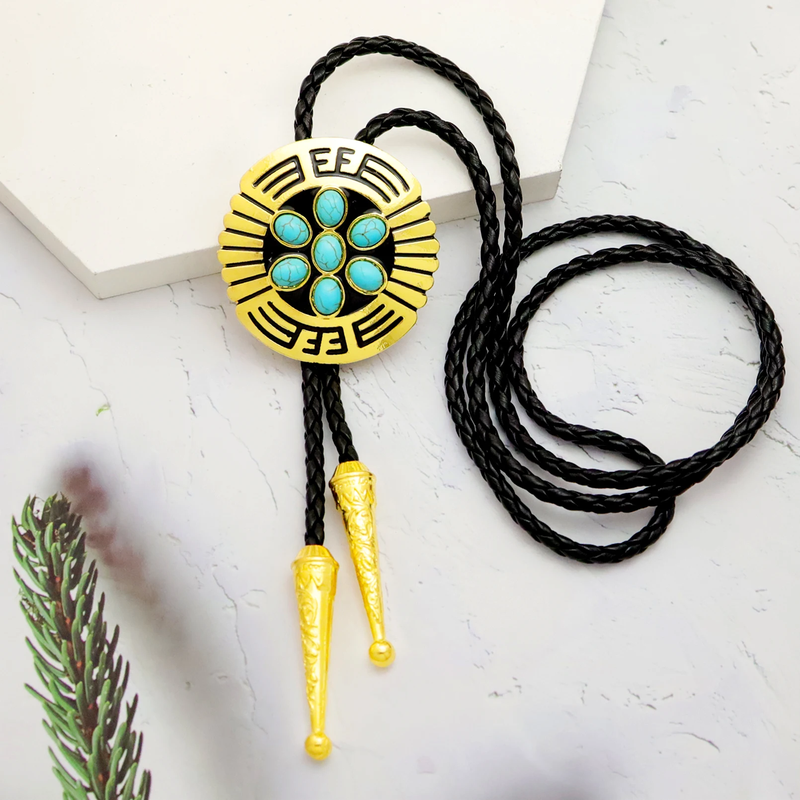 Trendy Bolo Tie Popular Western Cowboy Men Women Jewelry Accessories Dance Necktie Retro Green Stone Beads Pendant Ornaments