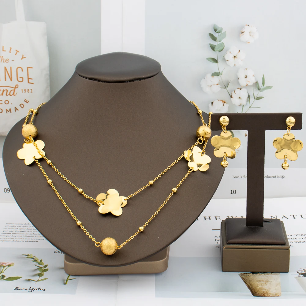 2023 New Dubai Gold Color Bead Chain for Women Rose Flower Earrings Pendant Copper Luxury Necklace Jewelry Set Bride Long Chain