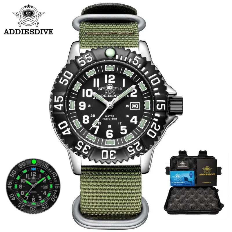 ADDIESDIVE-reloj analógico de nailon para hombre, pulsera de cuarzo resistente al agua hasta 50m, con tubo luminoso, estilo militar