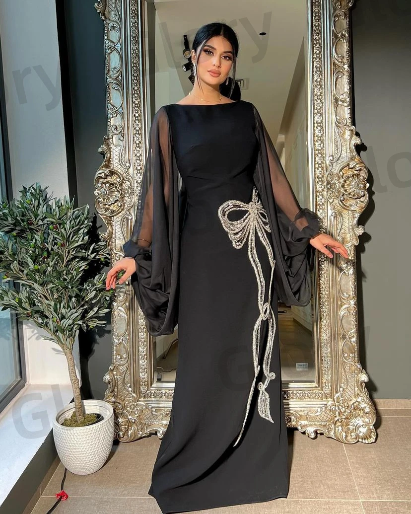 New Design Black Evening Dresses Bow Beadings Flare Long Sleeves Floor-Length Elegant Formal Occasion Wedding Party Gowns