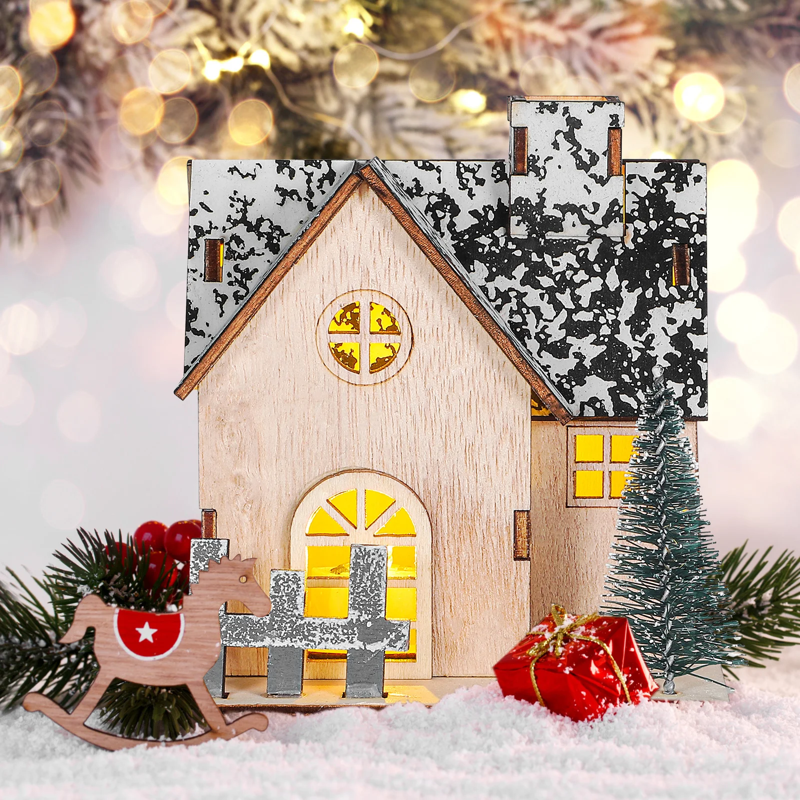 

3 pcs Led Christmas Wooden Unfinished Glow Xmas Decor Shelf Fireplace Table Centerpiece Miniature Ornament