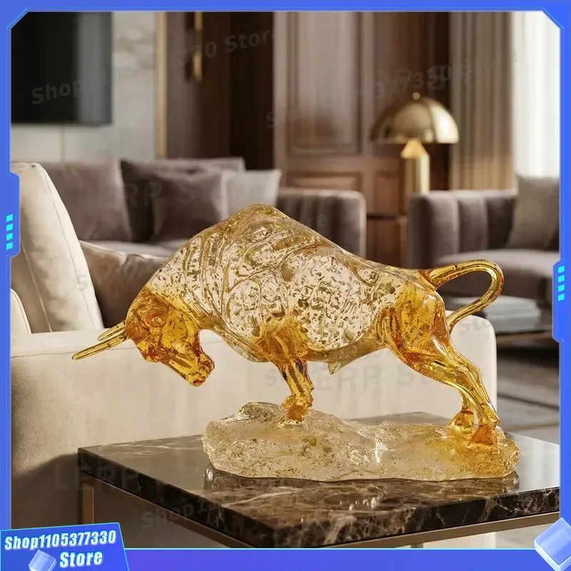 Modern Amber Resin Cow Statue Lucky Desktop Ornament for Home Office Decor Commercial Opening Gift Treasure Figurine Art