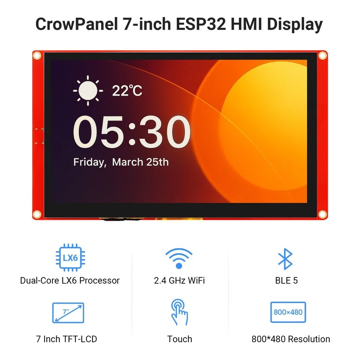 

CrowPanel- ESP32 7.0 Inch 800x480 Resolution HMI Touch Screen TFT-LCD Smart Display Module with Learning for Arduino/ LVGL