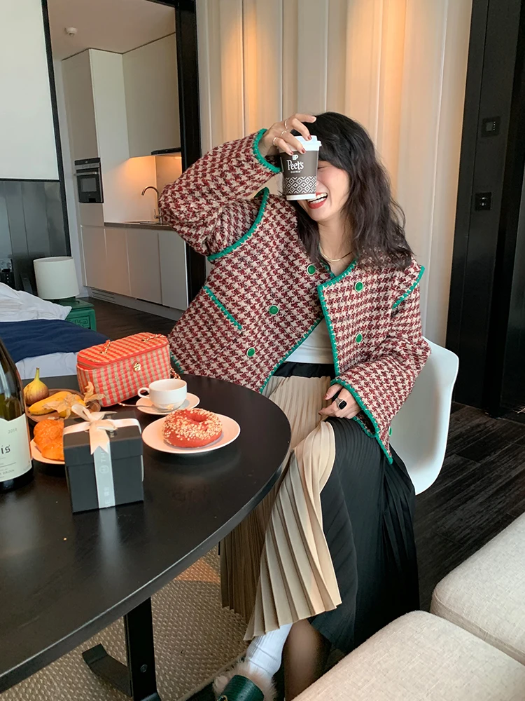 

Women's Tweed Jaet 2024 New Autumn Winter ort Coat Korean Sle Button Detail Straight Cut Polyester Wool Blend