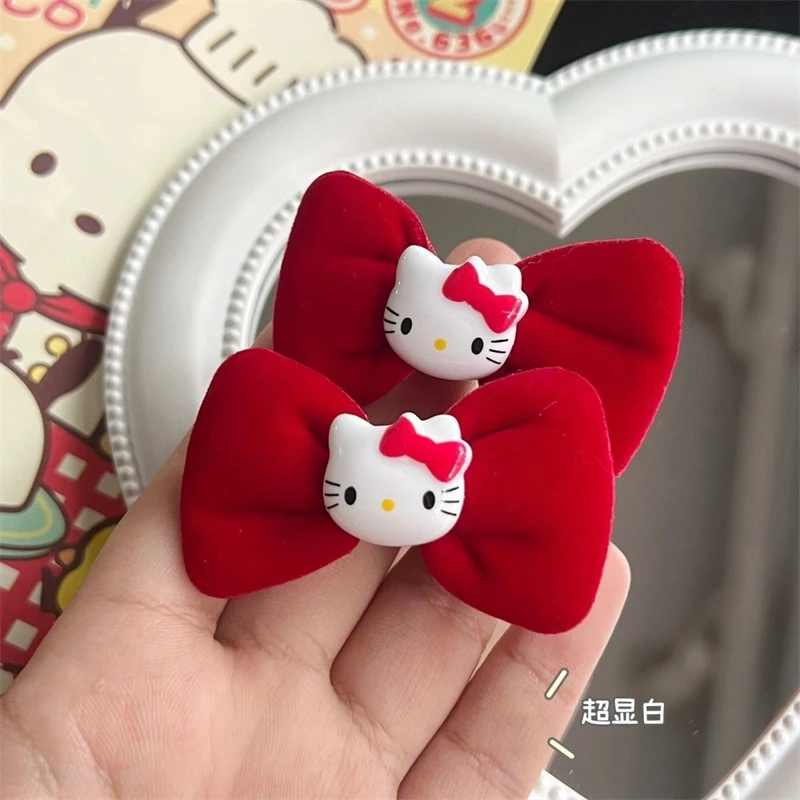 Sanrio Hello Kitty 6PCS Hairpin Cute Cartoon Girls Hair Accessories Fashion Conspicuous Red Bowknot Velvet  Bobby Pin Gifts