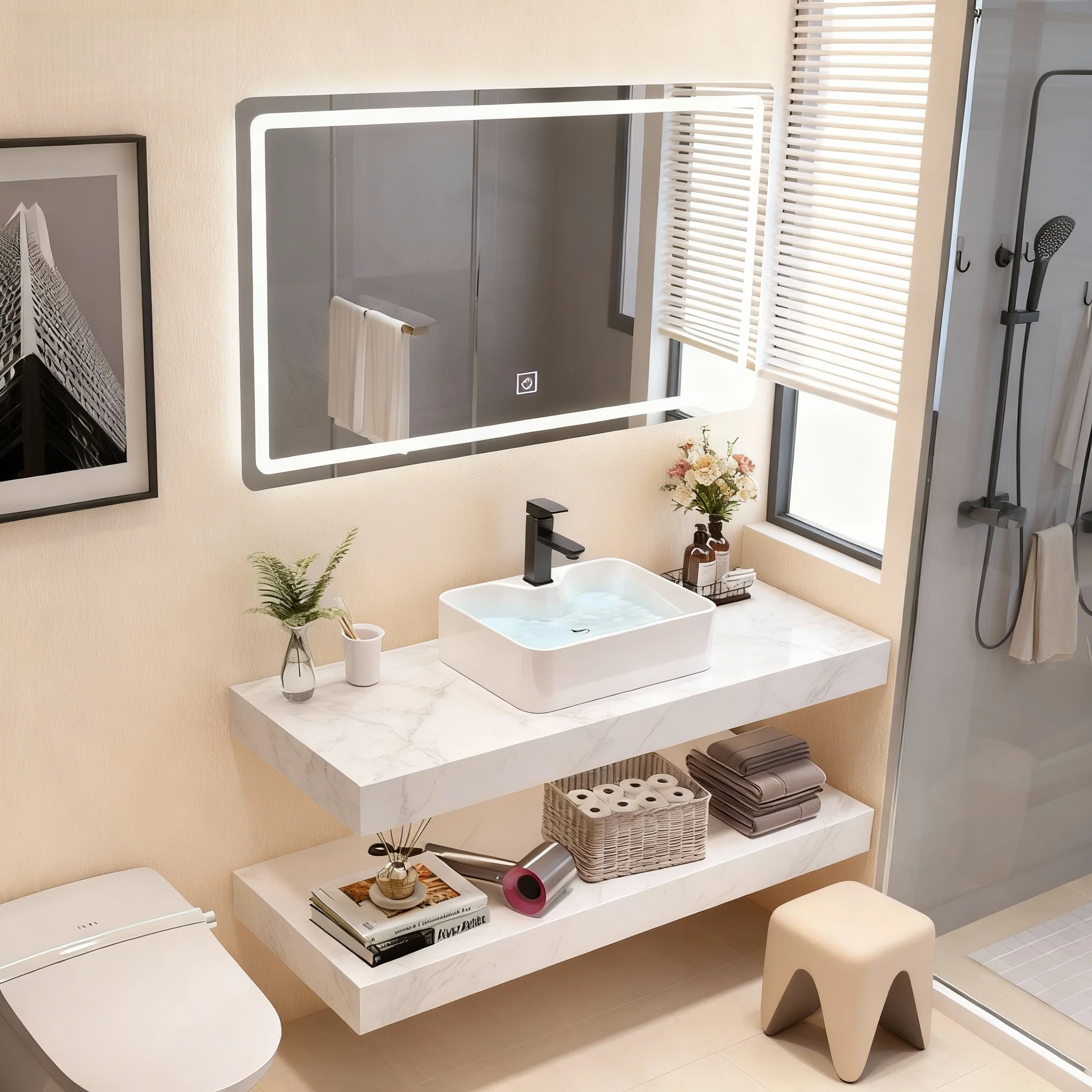 Factory-direct Modern Dual Tier Wall-mounted Bathroom Shelf Including Marble Sink Vanity Cabinet LED Smart Hotel Apartment