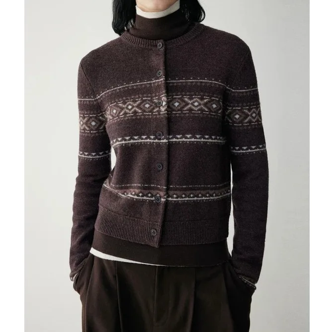 

Vintage Fair Isle Sweater Cardigans,women 100% Wool Round Neck Single Breasted Knitted Tops