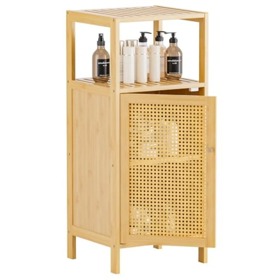 

Bathroom Storage Cabinet Rattan, Small Bamboo Floor Cabinet with Single Door and Open Shelf, Freestanding Narrow Cupboard for L