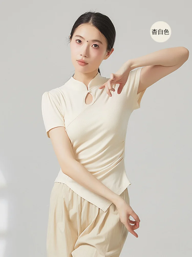 الرقص الترفيهي 2025 الصيف فستان رقص كلاسيكي جديد الصينية تي شيرت الوقوف طوق الجوف أعلى غير المتماثلة قصيرة الأكمام