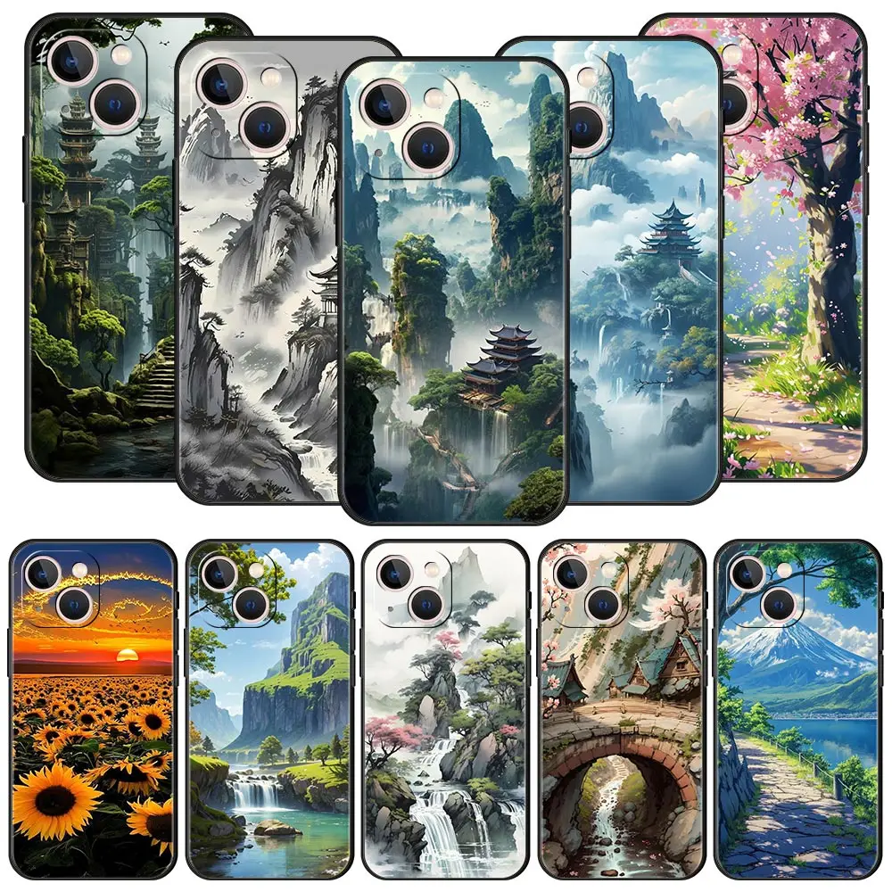 Phone Case For iPhone 16 15 14 13 12 11 Pro Max XS X XR SE 7 8 Plus Soft Silicone Black Cover Funda Luxury Landscape Art