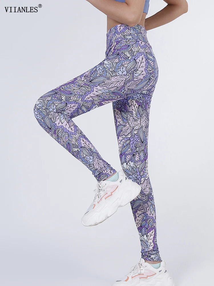 

VIIANLES Workout New Purple Pink Leaf Print Leggings Push Up Yoga Pants High Elastic Waist Tight Trousers Fitness Gym Women