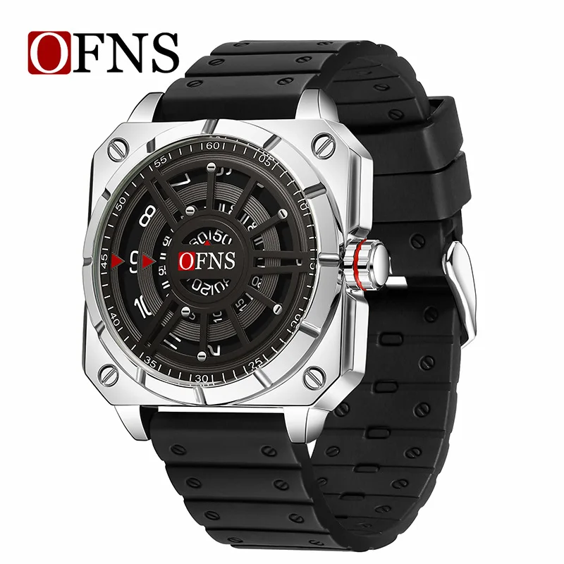 OFNS 8026 Reloj de cuarzo para hombre con esfera grande, creativo, único y fresco, reloj de pulsera con correa de silicona resistente al agua para negocios