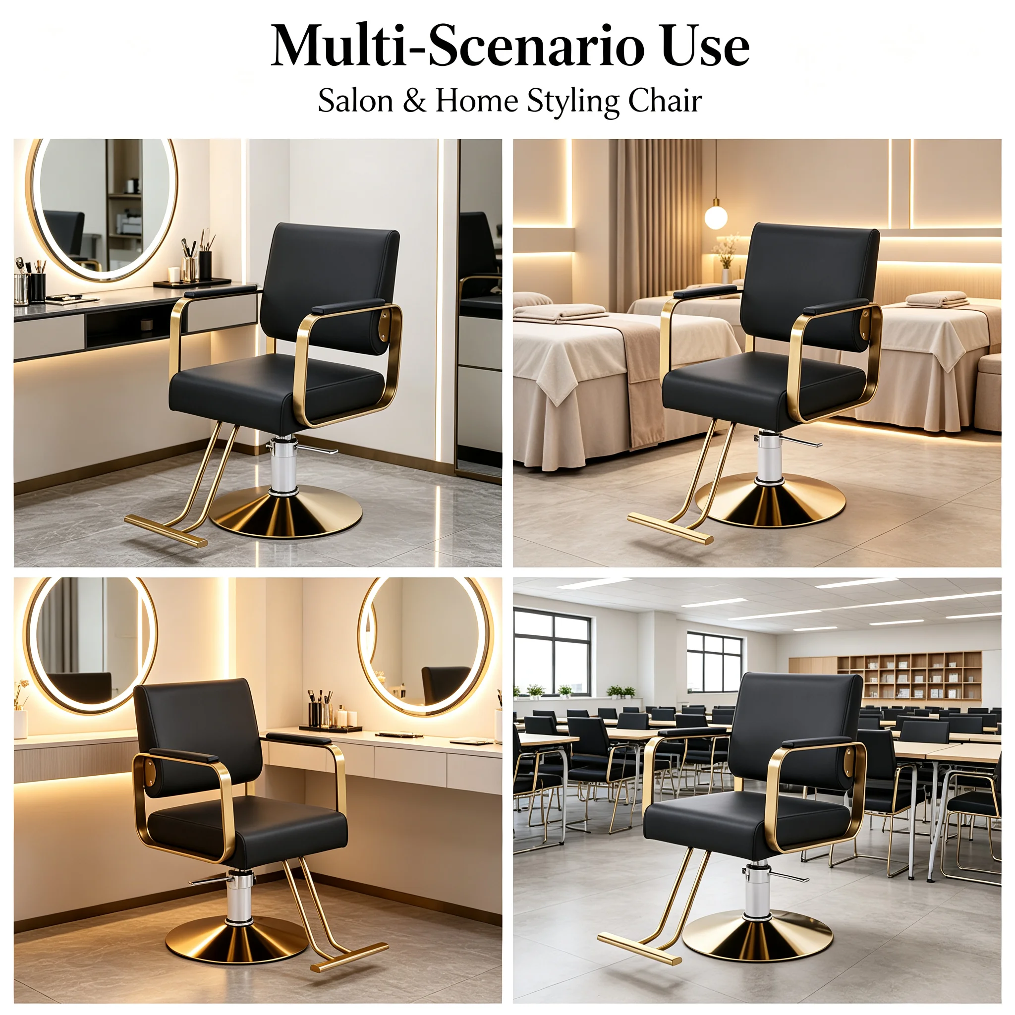 360° Rotating Salon Chair with Hydraulic Pump, Barber Stylist Chair PU Leather Cushion & Chrome Base, 440 lbs Capacity for Beauty Salon, Gold Frame Black Seat