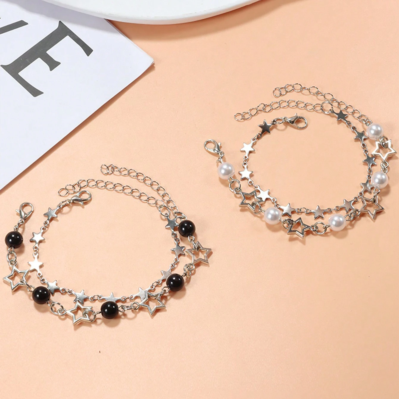 مجموعة أساور زوجين المشاهير Y2K، سوار الصداقة على شكل نجمة اللؤلؤ المقلدة، هدية مثالية للعطلات #3
