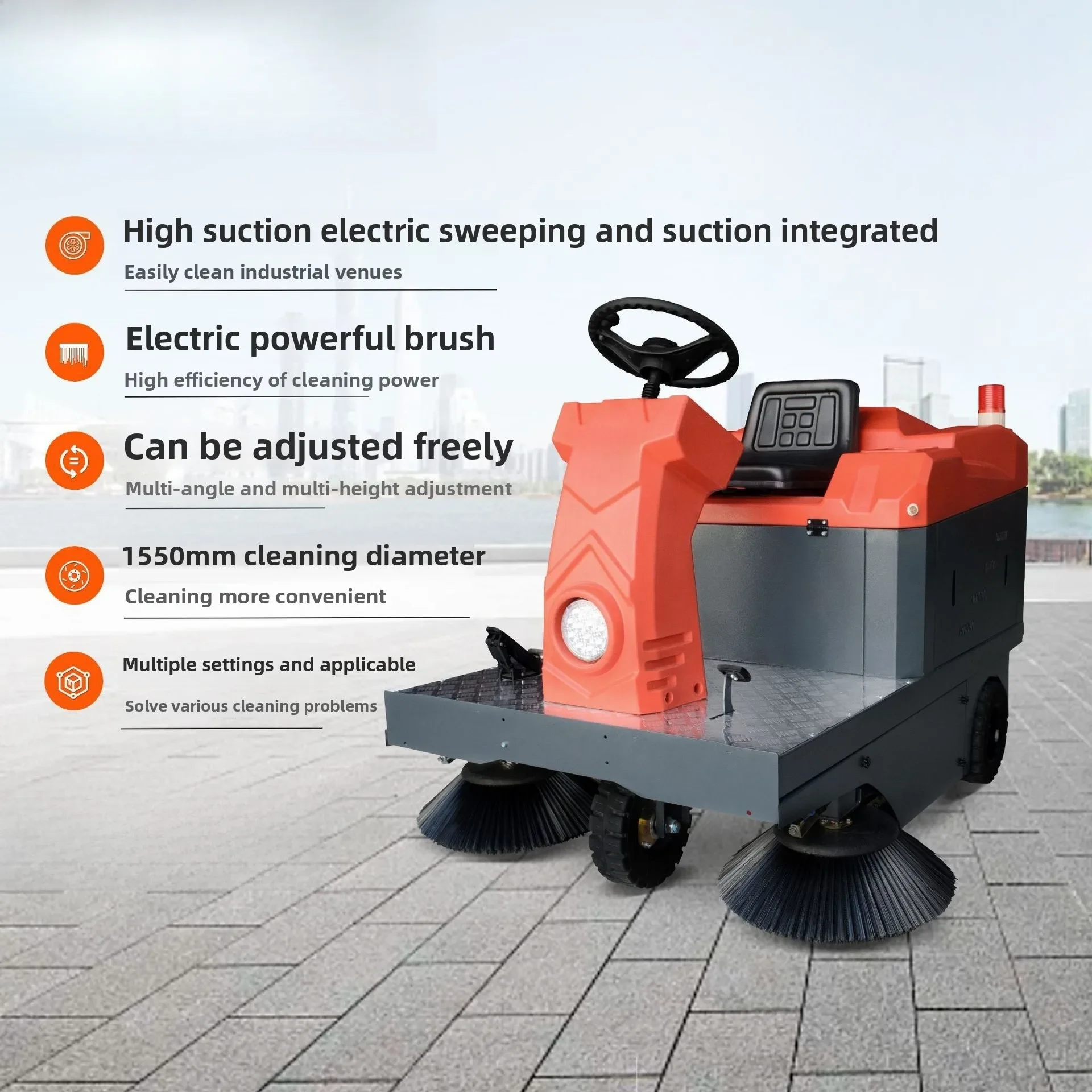 Ride-on, electric sweeper, factory workshop for cleaning leaf dust on park cement floors