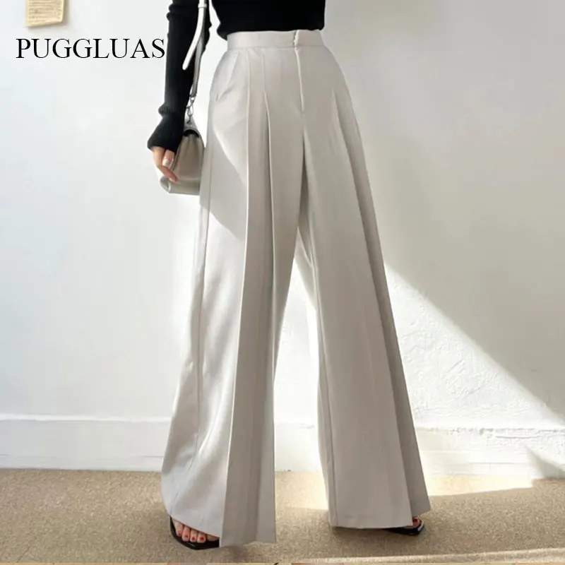 

Korea Summer High Waist Women Wide Leg Pant Office Lady Pleated Design Fashion Full Length Black Beige Female OL Trousers Casual