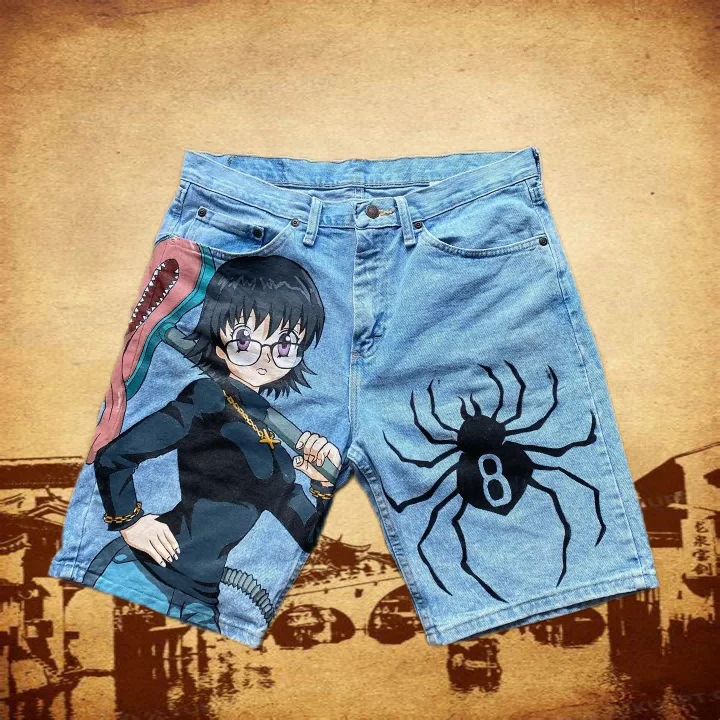 Y2k 2024 Summer Retro Anime Fire Male Blue Loose Denim Shorts Street Outdoor Casual Loose Harajuku Men's Basketball Shorts