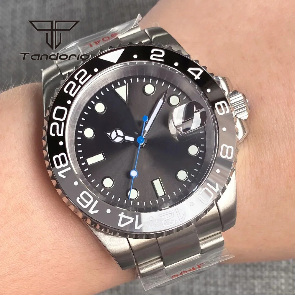 Tandorio Diving SUB Sunburst Grey NH35 Mechanical Men Watch GMT Black Grey Insert Red Hand Swim Steel Wristwatch Glass Backcover