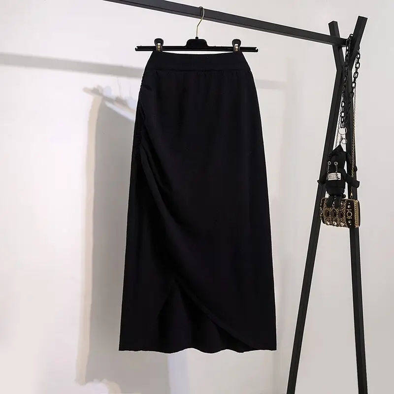 Knitted Half Length Skirt for Women, Large Size Fat MM Slim A-line Irregular Split Hip Wrapping Skirt Elegant Long Dress