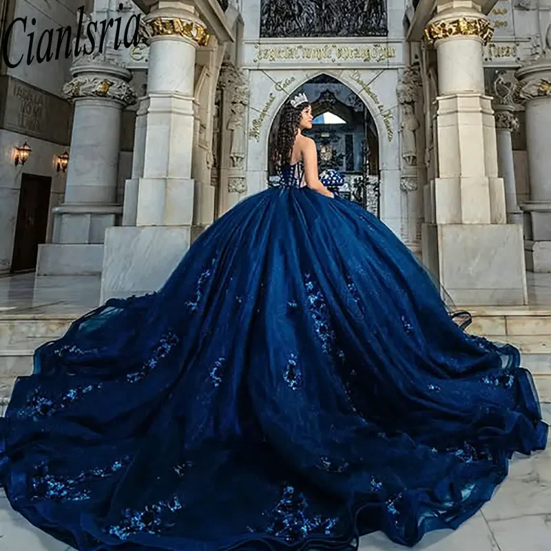 فساتين Quinceanera بدون أكمام باللون الأزرق الملكي ثوب حفلة زهور ثلاثية الأبعاد مزين بالدانتيل الحلو 15 Años المكسيكي حسب الطلب #2