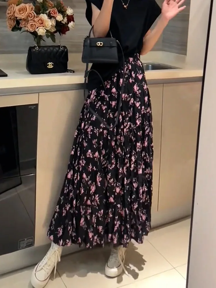 

Retro Floral Gentle Draping High Waist Elastic Long Skirt Spring New Lazy Style Elegance Full Figure Women's Skirt