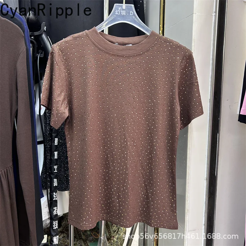 

Футболка женская с коротким рукавом, полностью расшитая стразами, универсальная, весна-лето, с круглым вырезом, однотонная, хлопковая