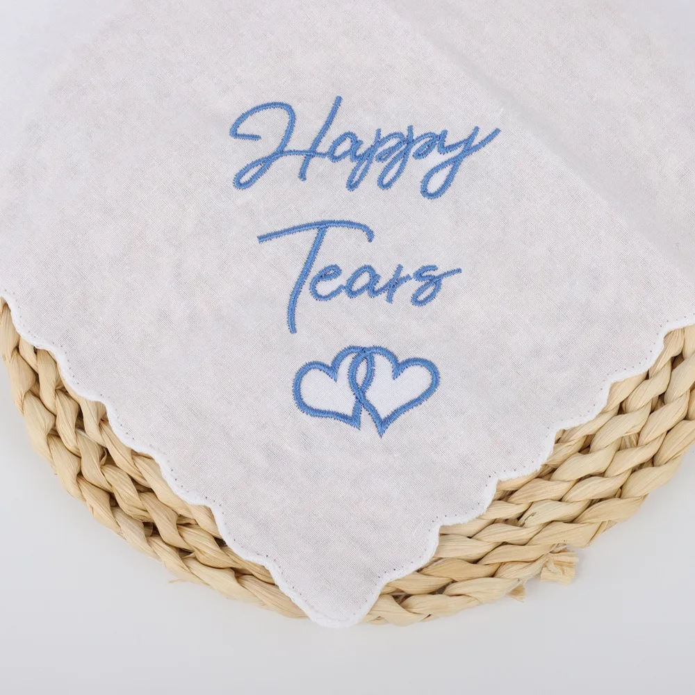 Happy Tears 100% Cotton Embroidered Square Handkerchief Wedding Favor Bridal Shower Thank You Gift Party Decoration Soft Hanky