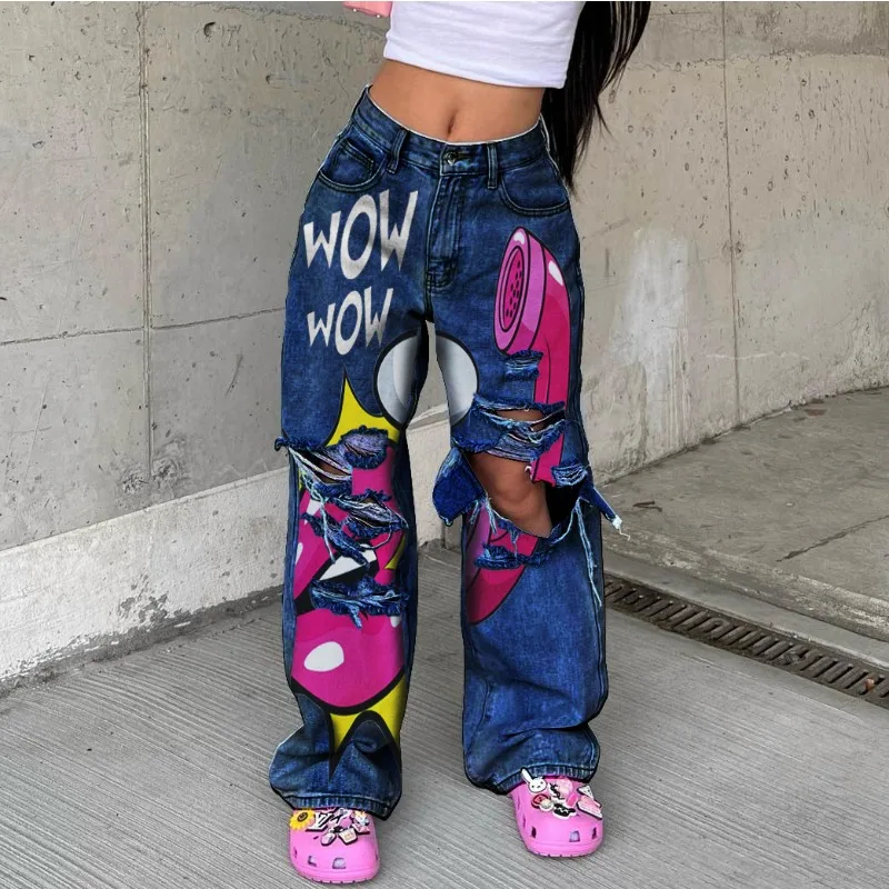 Retro Washed High Waist Wide Leg Jeans Women 2023 Fashion New Product Personalized Print Hollow Hole Straight Leg Trousers