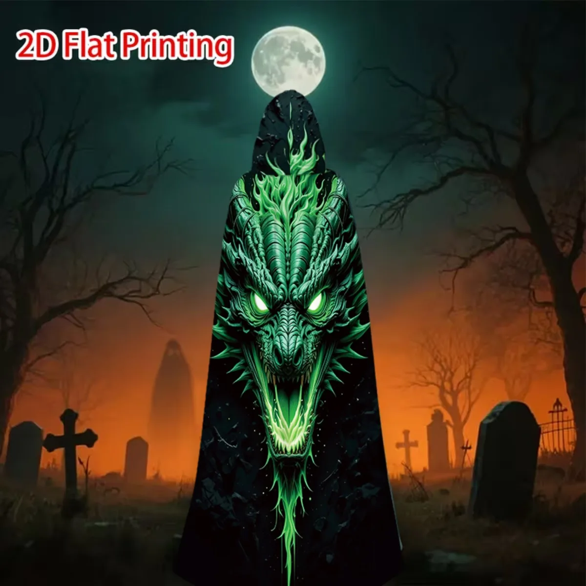 Customization 1pc 2D Flat For Halloween Fierce Green Dragon Black Stone Background Designed Hooded Cape, Suitable For Halloween