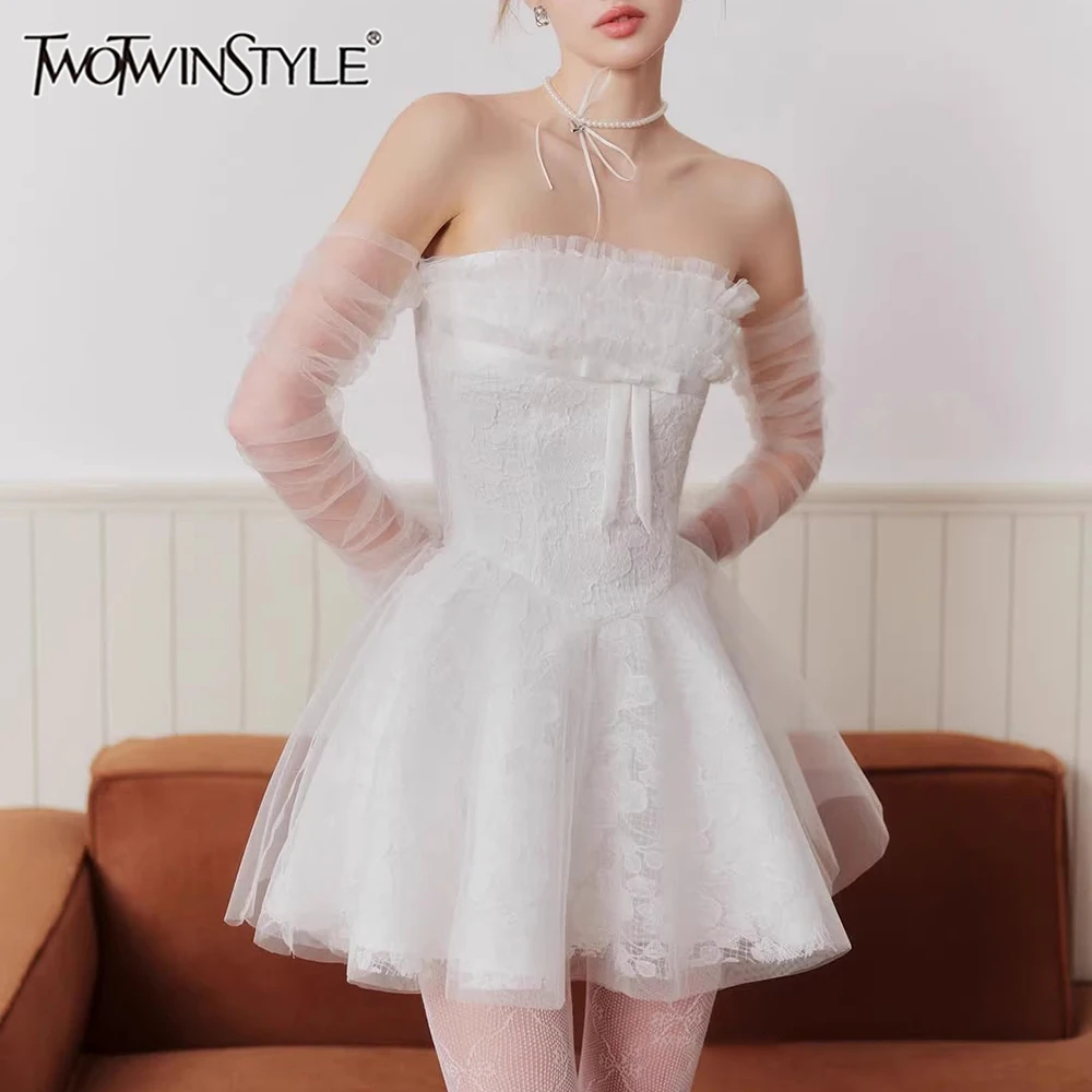 

TWOTWINSTYLE милые утягивающие кружевные мини-платья для женщин, сетчатая туника без бретелек с длинными рукавами, элегантное платье, женская одежда