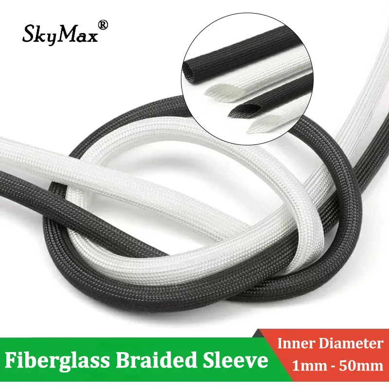 1-50mm Fiberglass Braided Sleeve White/Black High Temperature 600℃ Flame Retardant Insulated Tube Car Electrical Harness Protect
