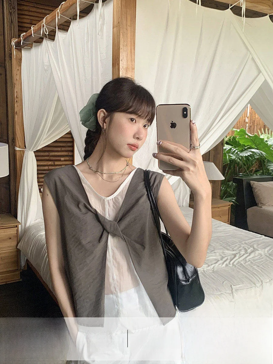 

Linyunyun Unique Knot Design Svel Top Women's Summer Vest Small irt False Two-Piece Loose Fit Casual Comfortable