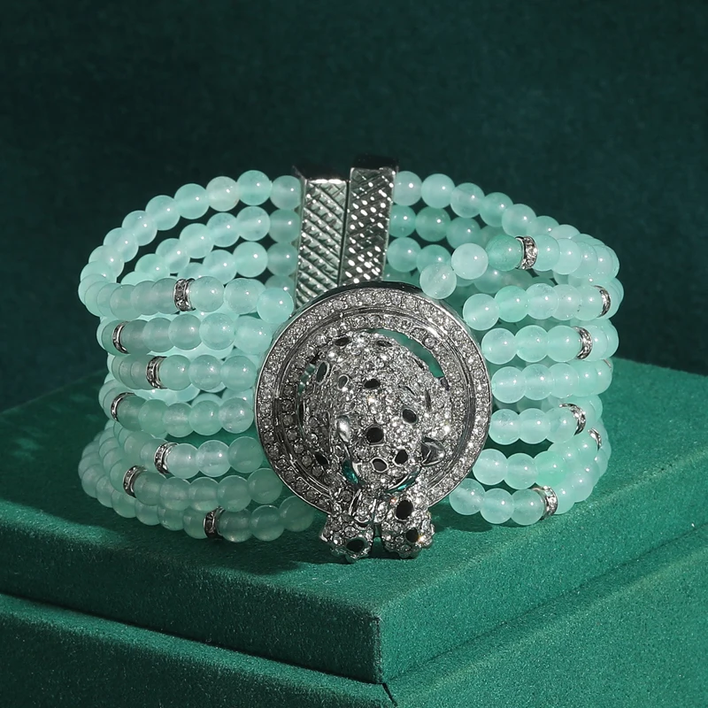 

Винтажные прозрачные браслеты с бусинами в виде головы леопарда из ледяного зеленого нефрита, женские браслеты-бэнглы серебристого цвета, многослойные, подарок на День матери, аксессуары
