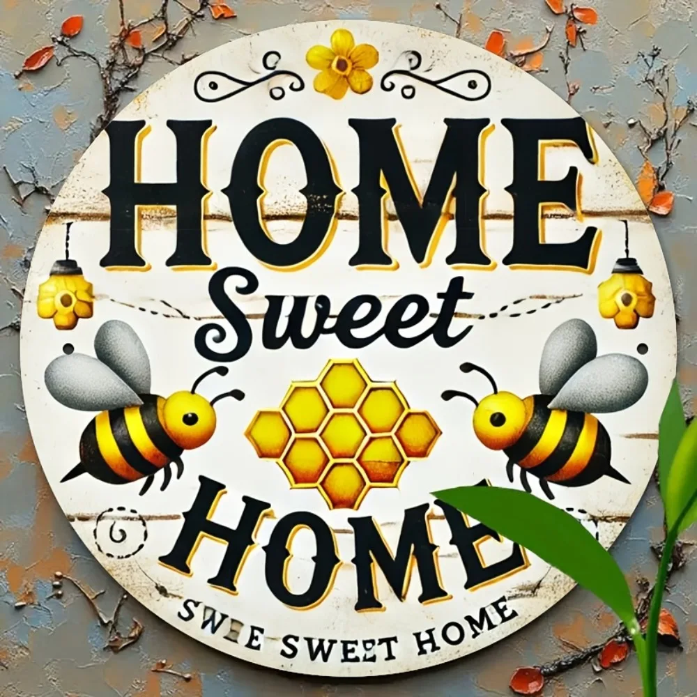 Vintage Home Sweet Home Metal Tin Sign Round Rustic Wall Art Bee Honeycomb Decor Indoor Outdoor