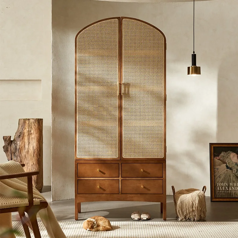 Retro solid wood rattan locker, housekeeping cabinet hotel high cabinet wabi-sabi wind bookcase