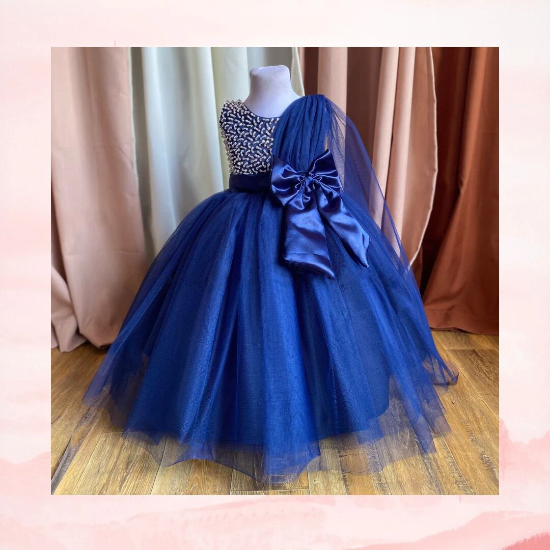 Blaues Blumenmädchenkleid mit Pailletten, mehrlagigem Tüll, Schleife, glitzernd, ärmellos, Brautkleider, Erstkommunion-Kleider, Kindergeburtstagsfeier