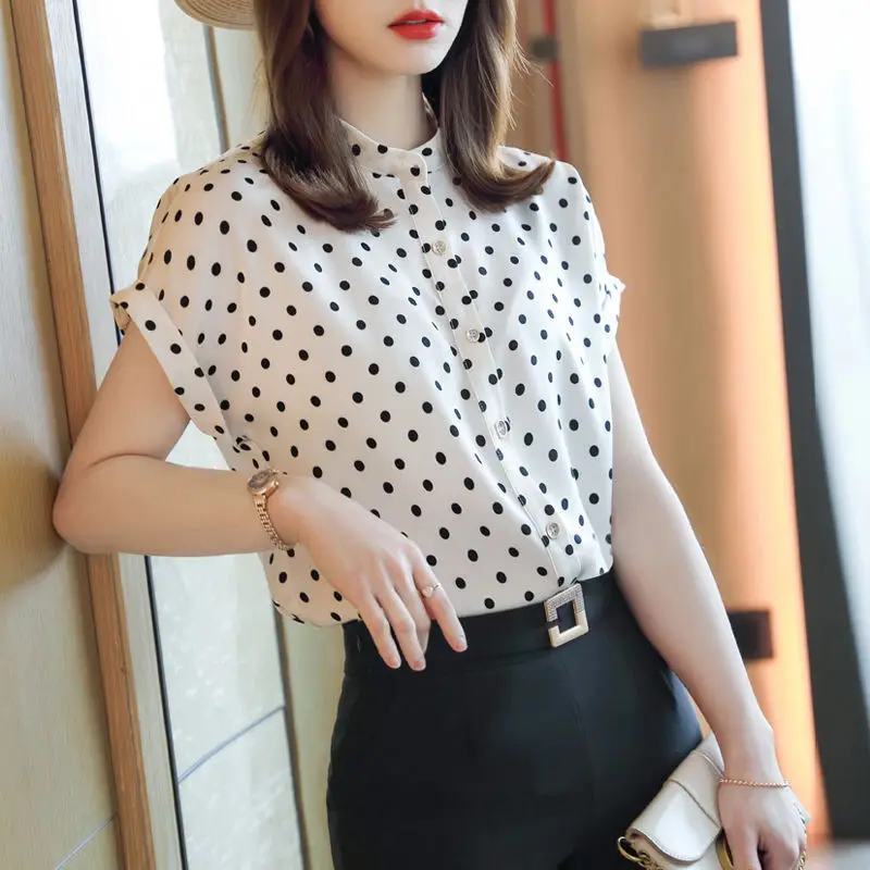 Fashion Printed O-Neck Button Batwing Sleeve Polka Dot Shirt Women\'s Clothing 2023 Summer New Casual Tops Office Lady Blouse