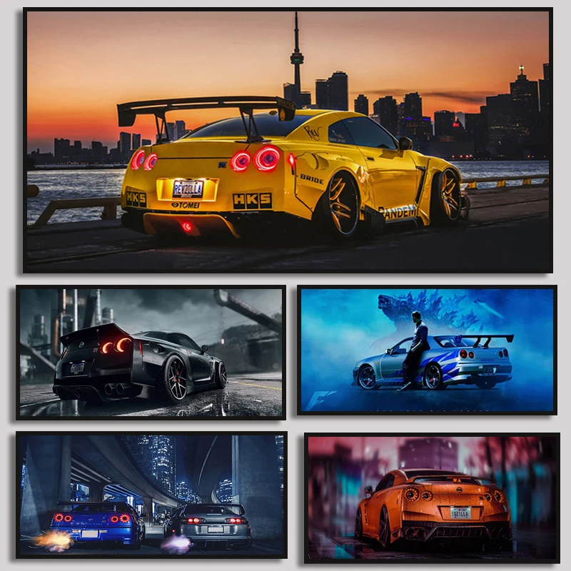 Japanese Black Car Wall Art Picture Nissans Skyline GTR R34  Vehicle Canvas Painting Supercar Poster Print for Living Room Decor