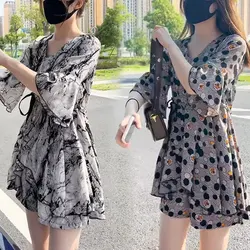 Female Sweet Stylish Polka Dot Printed Matching Sets Summer Two Piece Set Casual Ruffles Drawstring Elegant V-Neck Dress Sets