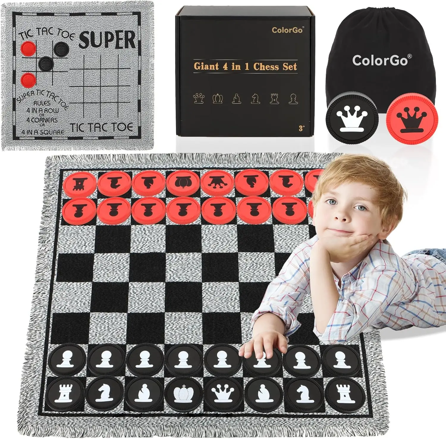 

4 in 1 Vintage Giant Chess Set with Reversible Board, 34 Pieces, Indoor Outdoor Family Game